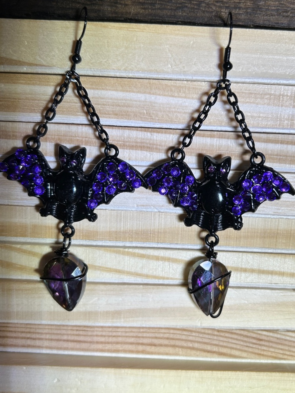 3/$25 Purple Crystal Bat Dangle Earrings - Gothic